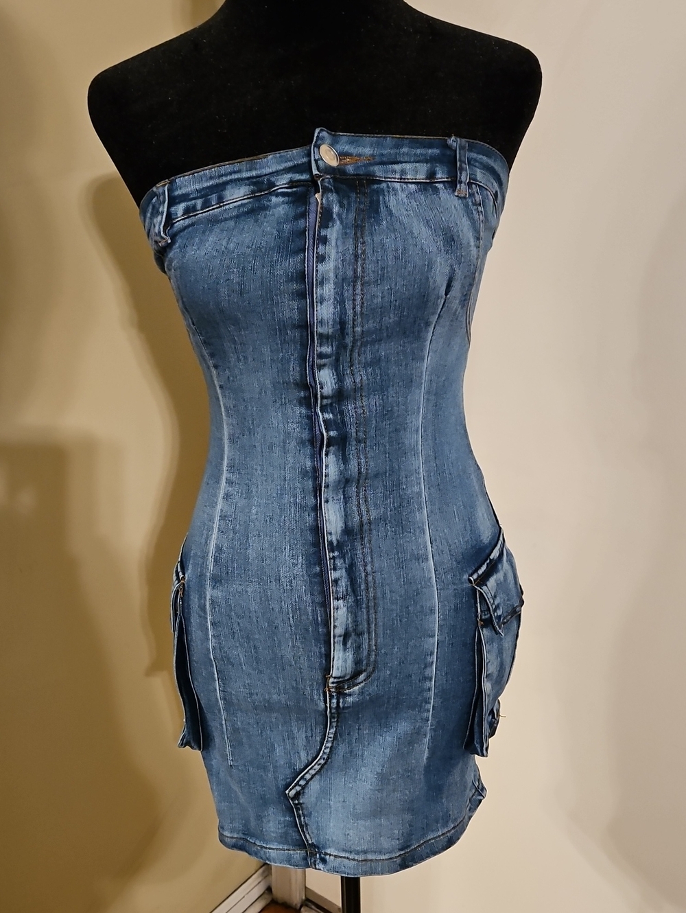 Blanc Clothing Strapless Denim Cargo Mini Dress Zip Front Blue